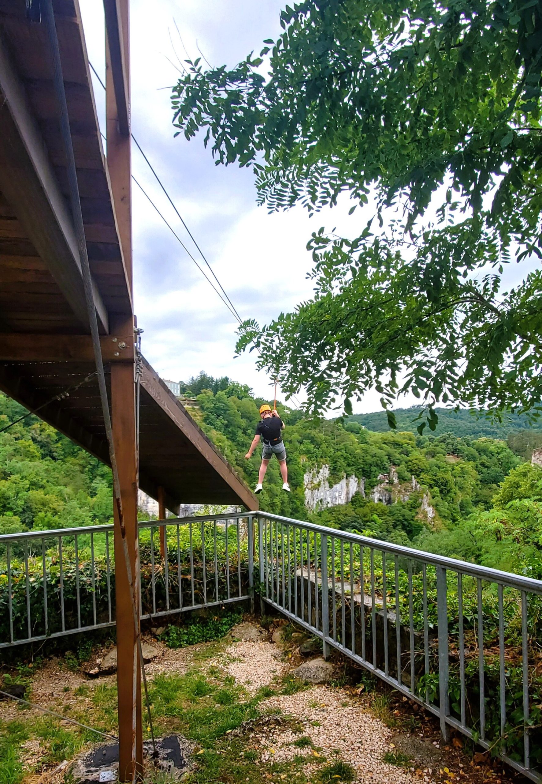 Zipline above the rock walls of Pazin Cave